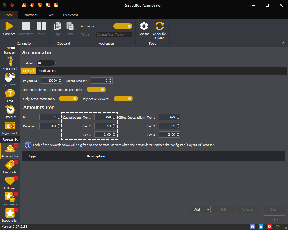 Example showing the amount per tier of subscription setting of the accumulator in InstructBot.