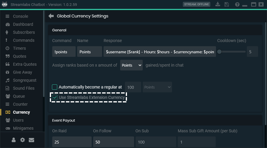 InstructBot StreamLabs points configuration required.