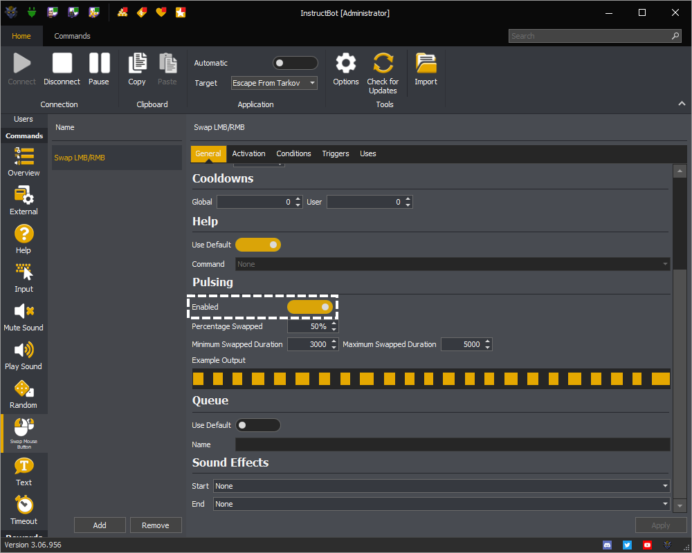 InstructBot showing the pulsing enabled toggled button of a command.