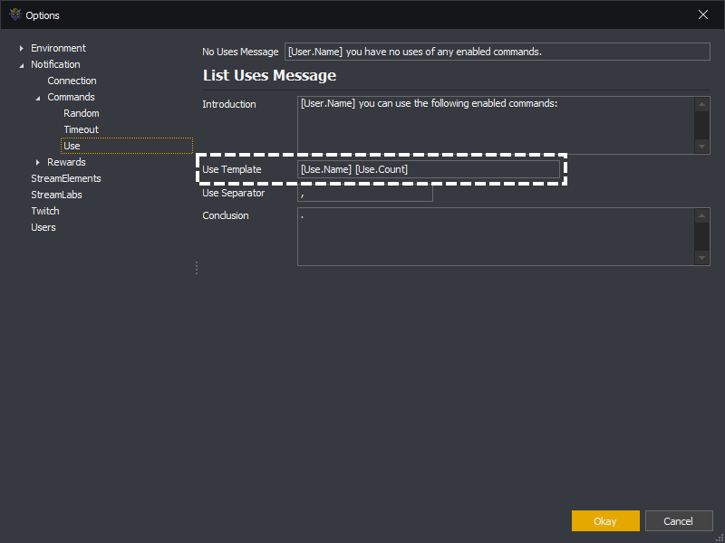 InstructBot options showing the uses command use template message template.