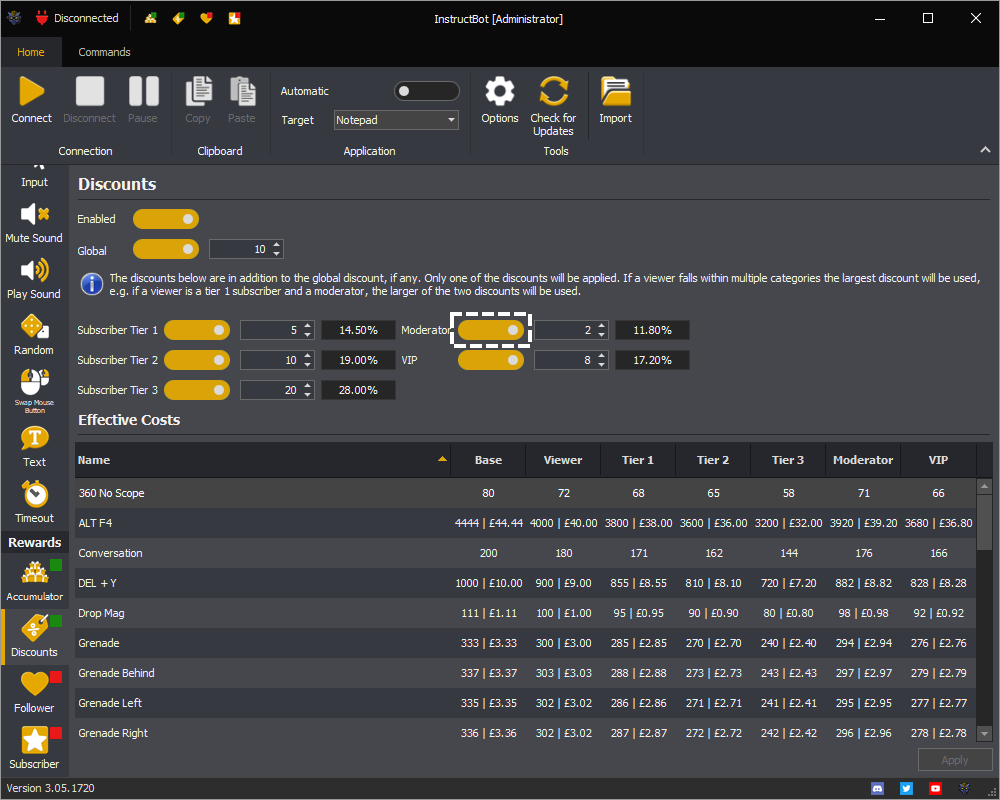 InstructBot rewards screen showing how to toggle on moderator discounts.