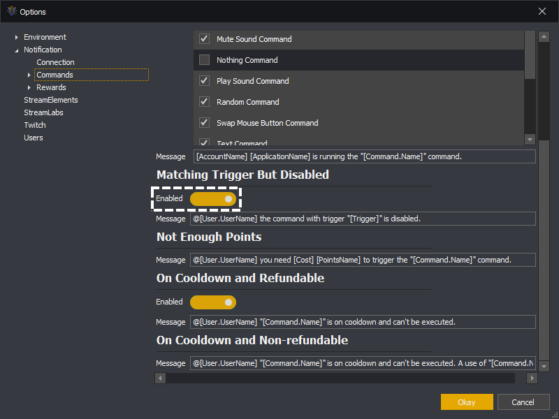 InstructBot options showing how to toggled the matching trigger but disabled notification on and off.