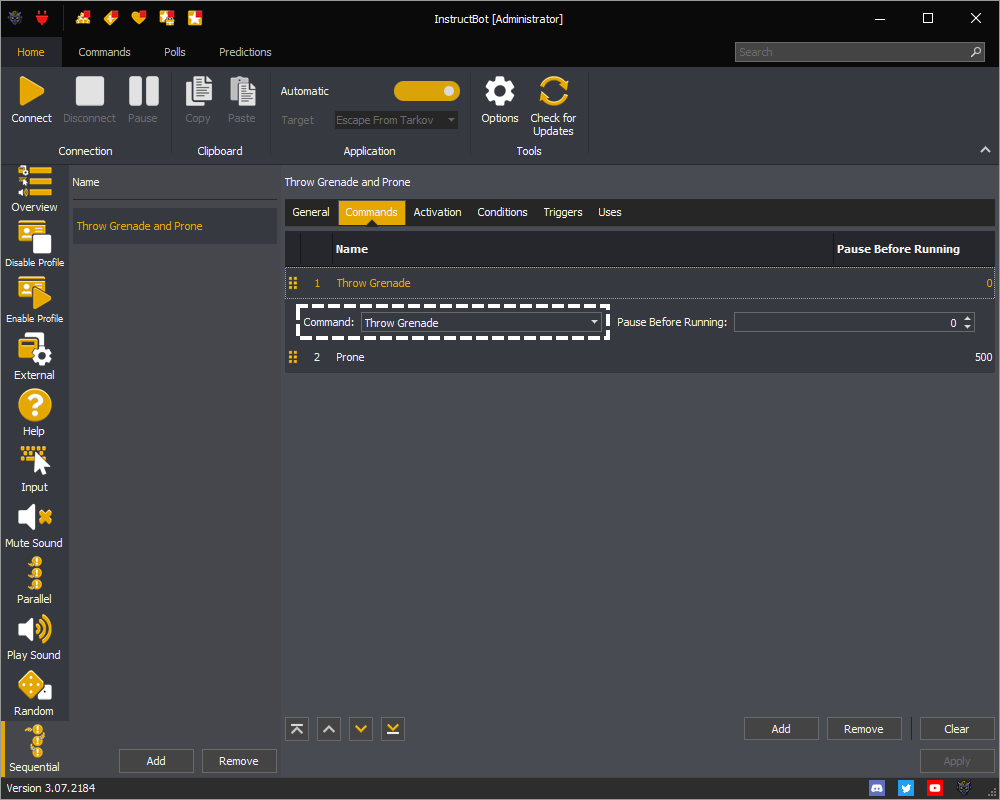 InstructBot showing how to select the command to run for a sequential command.