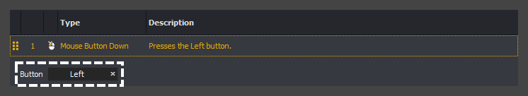 The input command action editor showing the Left button selected for a mouse button down action in InstructBot.