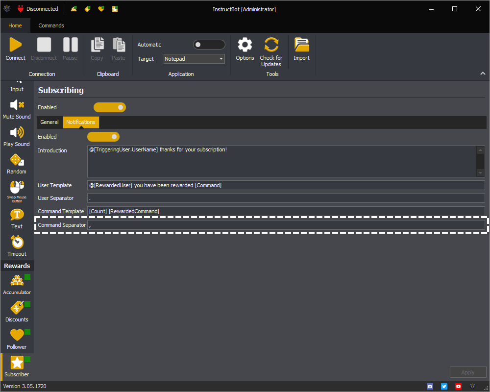 Example showing the notification command separator for the subscriber reward in InstructBot.