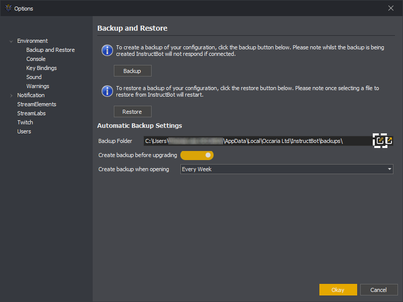 The edit automatic backup folder button in the options in InstructBot