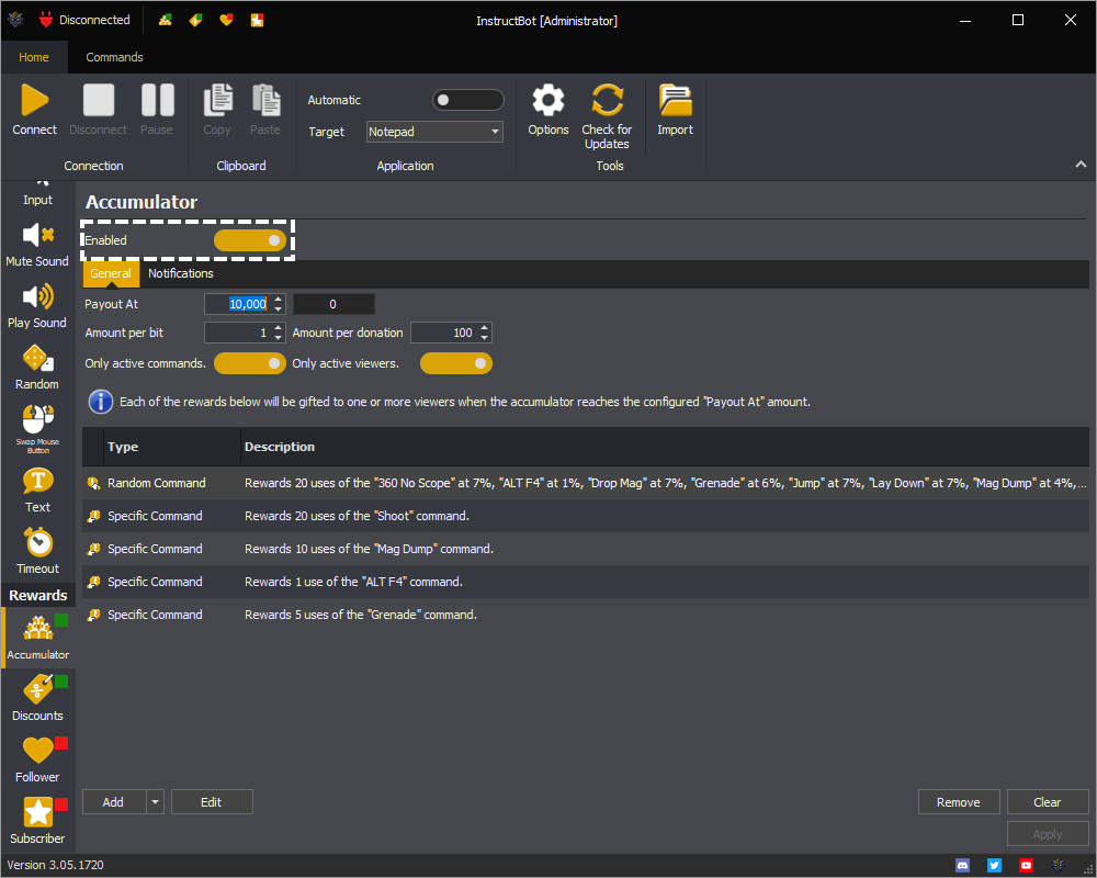 InstructBot rewards screen showing how to enable the accumulator.