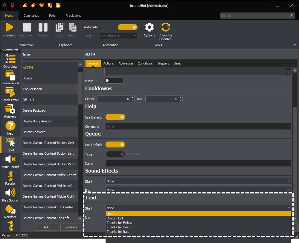 Showing the new linked text command feature in InstructBot.