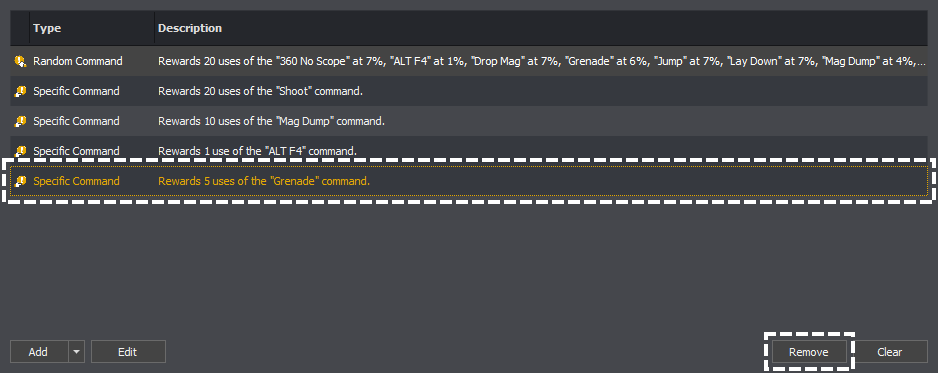 Reward editor showing how to select and remove a reward in InstructBot.