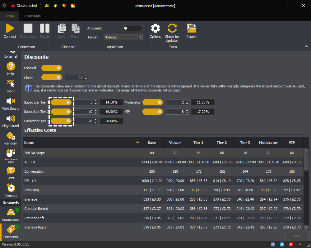 InstructBot rewards screen showing how to toggle on subscriber discounts.