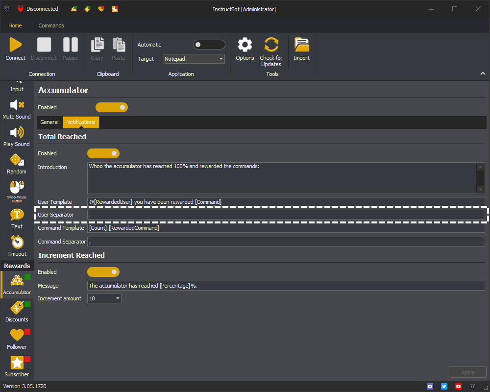 Example showing the total reached notification user separator for the accumulator in InstructBot.