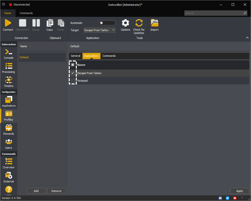 InstructBot profiles screen showing an example of the applications attached to the selected profile.