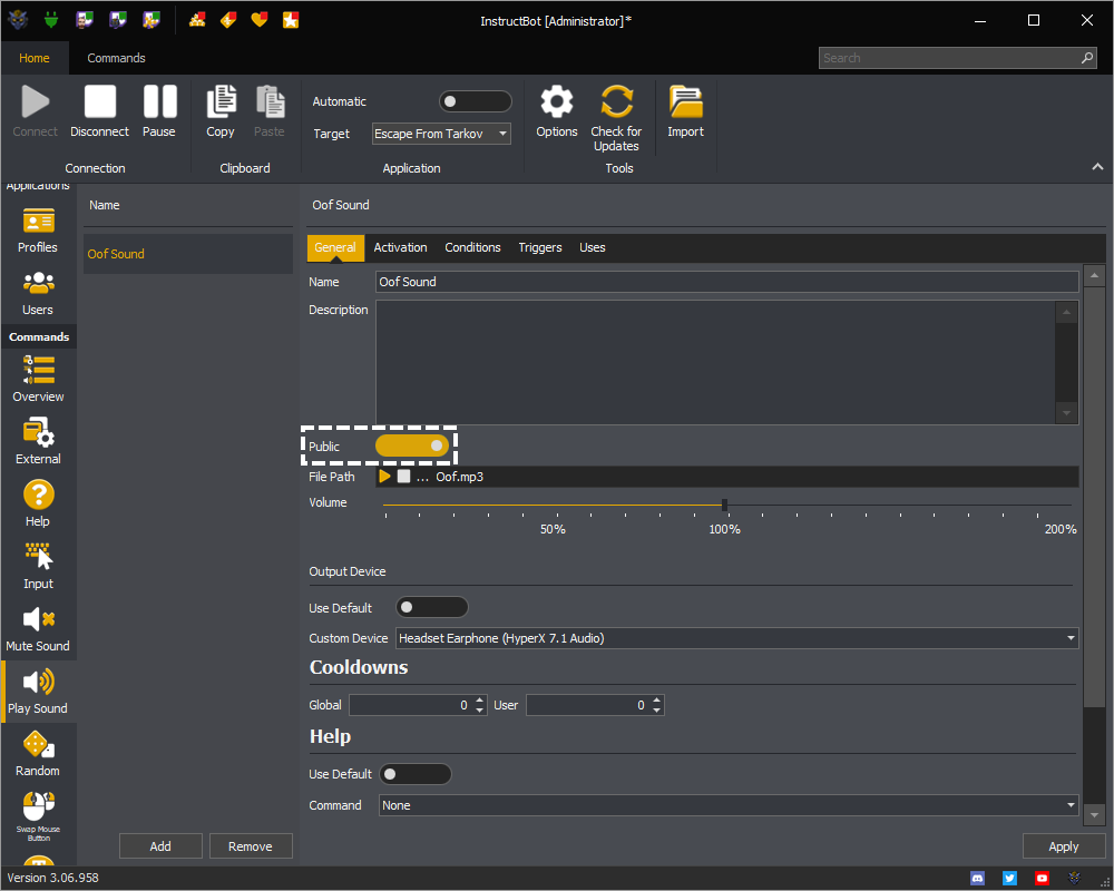 InstructBot showing the public toggle button of a command.