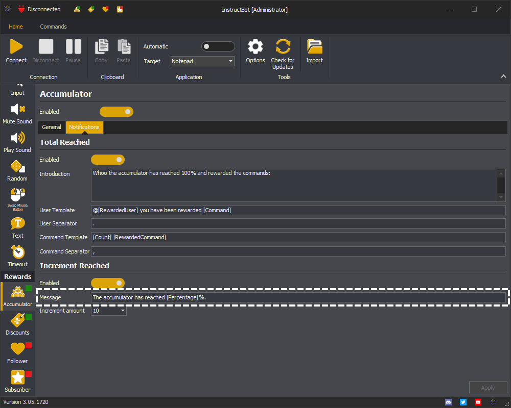 Example showing the text input of the increment reached message for the accumulator in InstructBot.