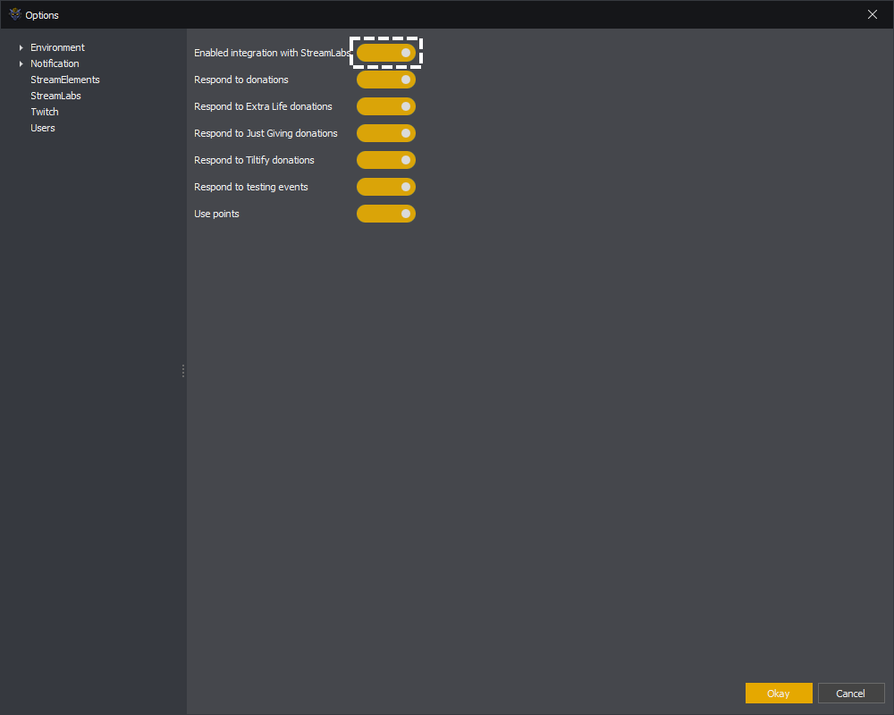 InstructBot options showing how to toggle StreamLabs integration on.