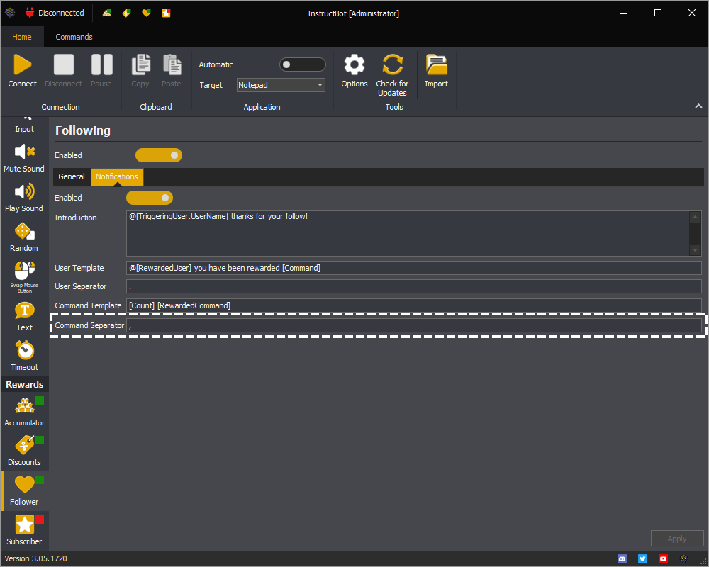 Example showing the notification command separator for the follower reward in InstructBot.