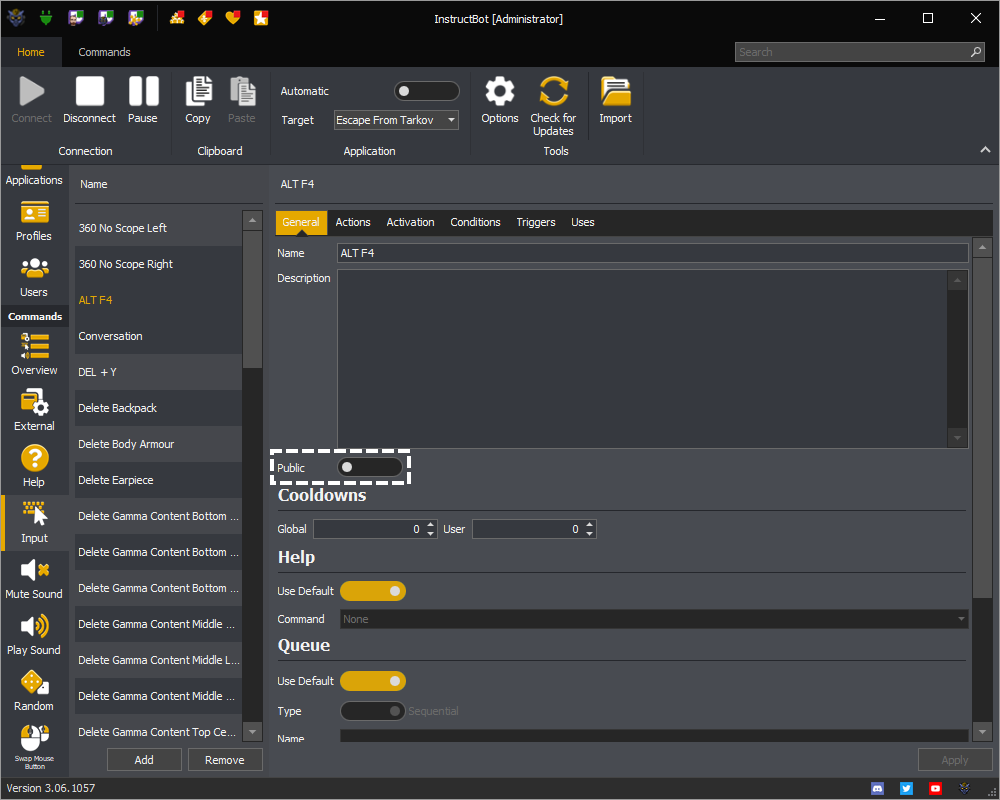 InstructBot showing the public toggle button of a command.