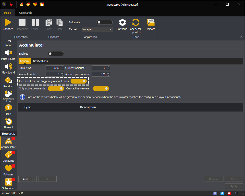 Example showing the non-triggering amounts only setting for the accumulator in InstructBot.