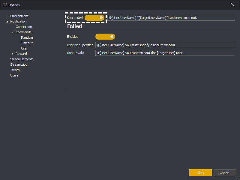 InstructBot options showing the timeout command succeeded toggle buton.