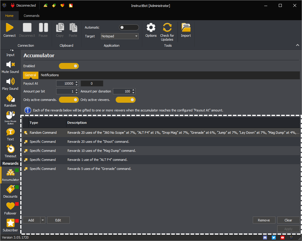 Example showing the configured rewards for the accumulator in InstructBot.