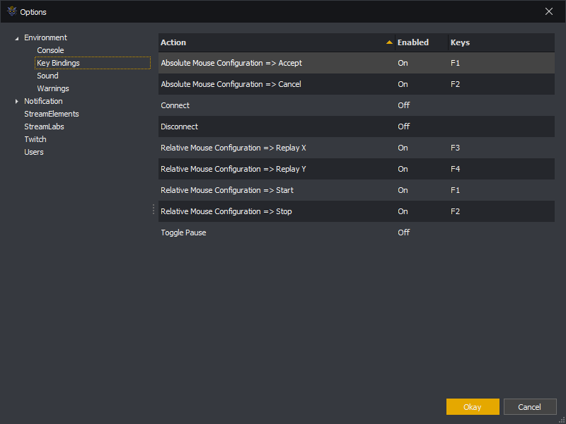 InstructBot options showing global key bindings.