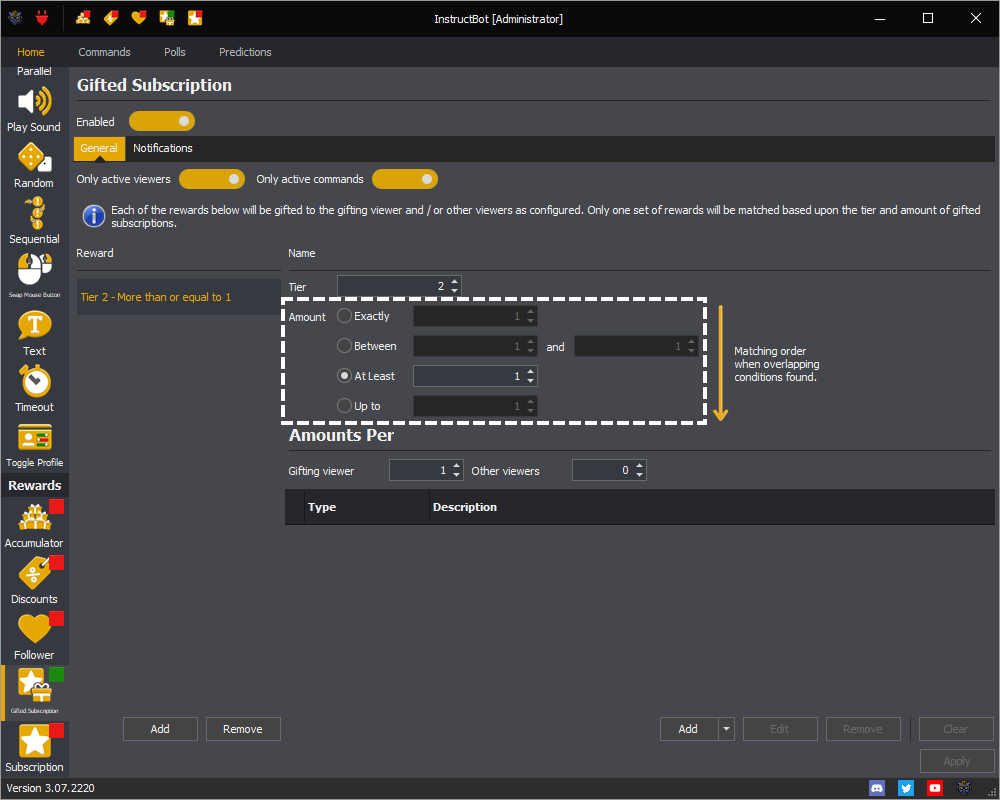 The gifted subscription rewards editor showing the amount setting in InstructBot.