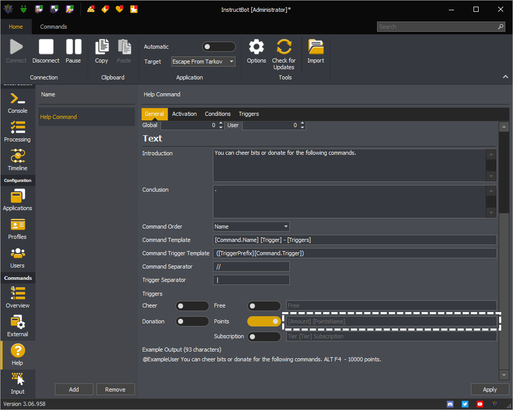 InstructBot showing the text template of a points triggers in a help command.