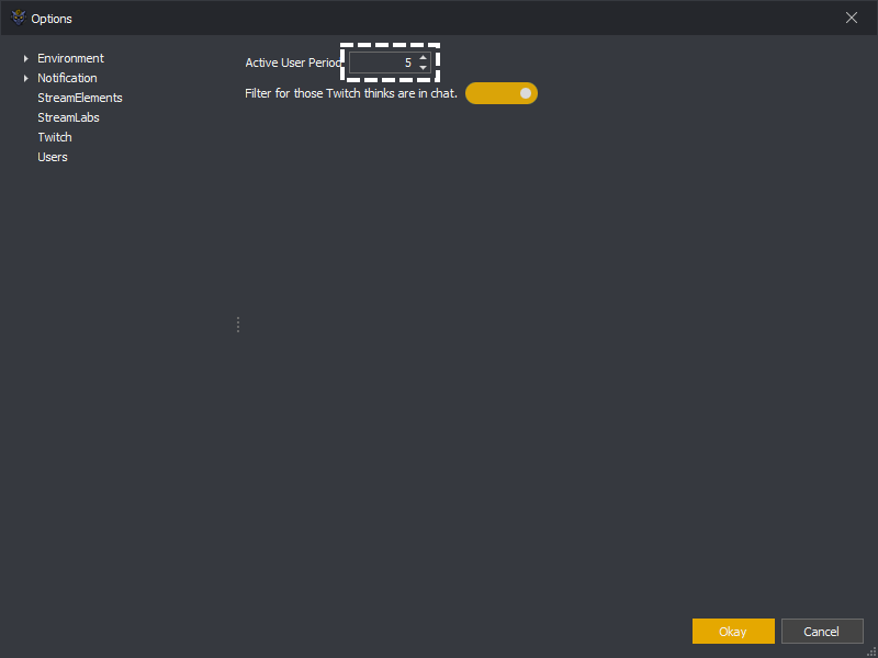 InstructBot options showing how to set the active period.