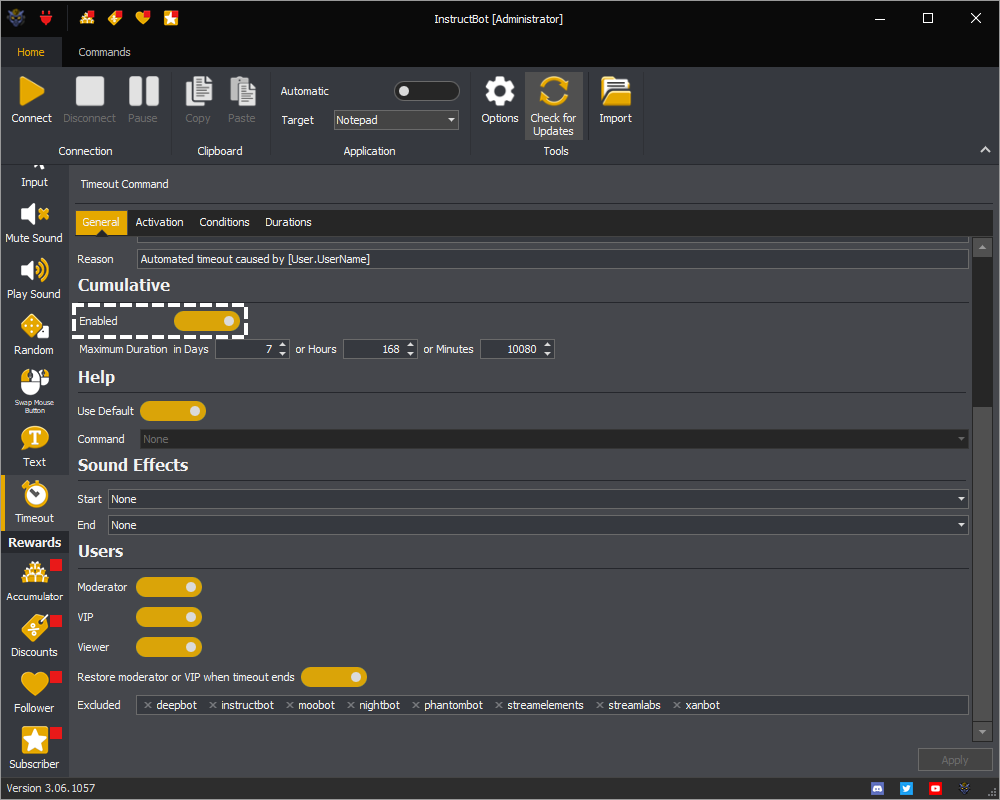 InstructBot showing how to enable cumulative timeouts of a timeout command.