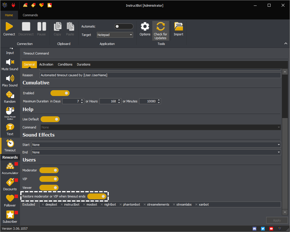 InstructBot timeout command showing how to restore moderator or VIP's after timeout.