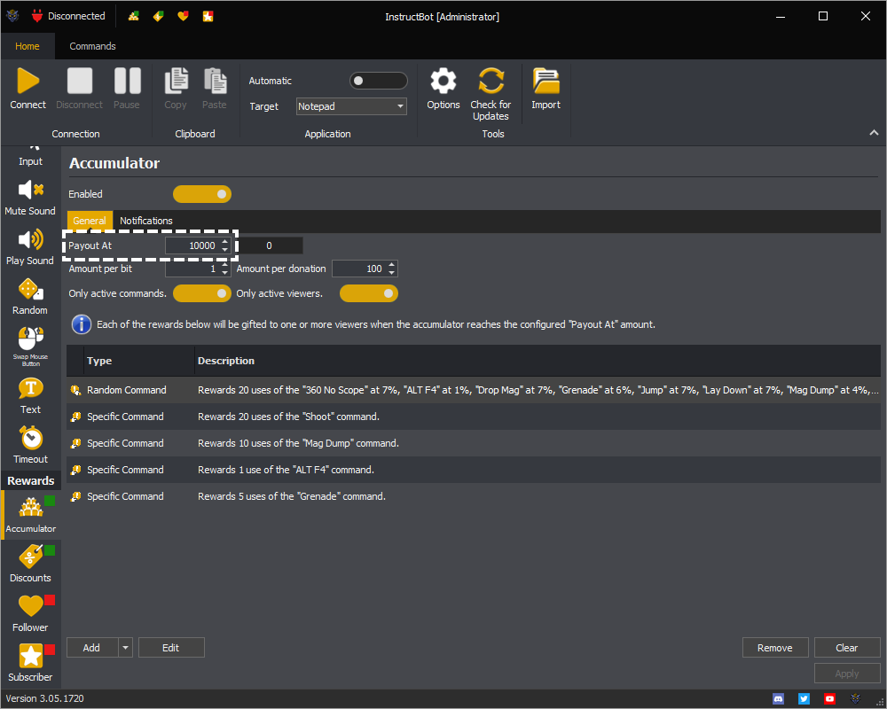 Example showing the payout at amount of the accumulator in InstructBot.