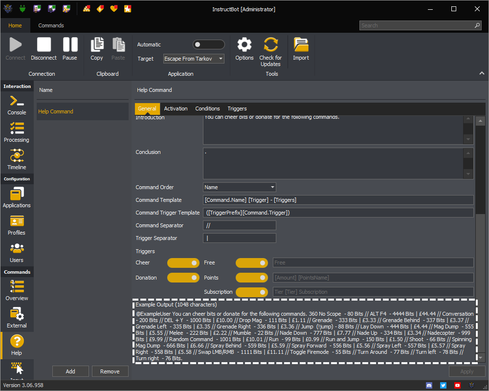 InstructBot showing example output of a help command.