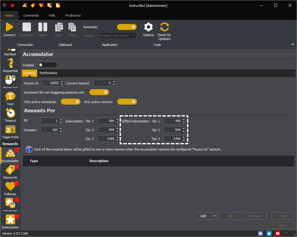 Example showing the amount per tier of gifted subscription setting of the accumulator in InstructBot.