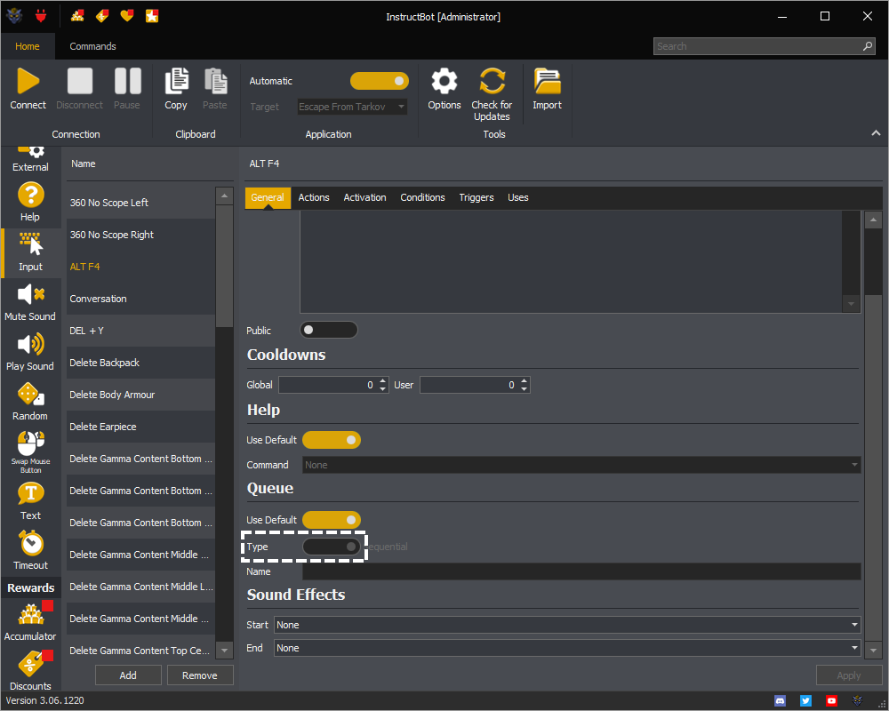 InstructBot showing how to assign the command to a sequential or parallel queue on a command.