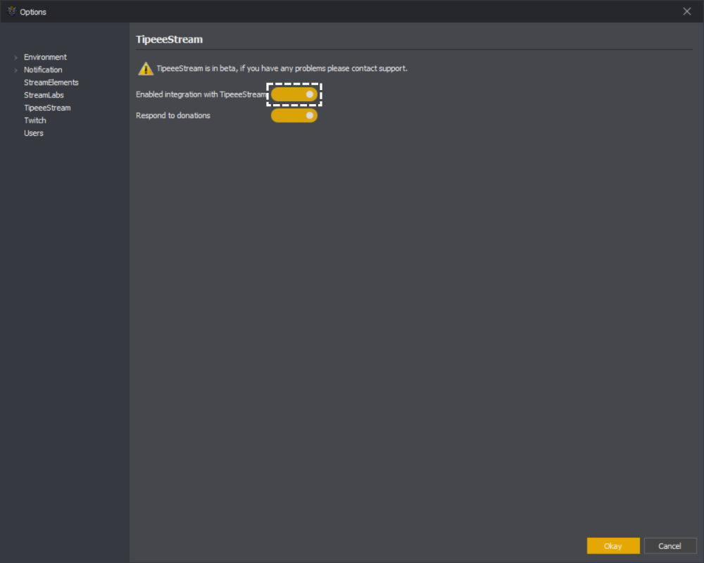 InstructBot options showing how to toggle TipeeeStream integration on.