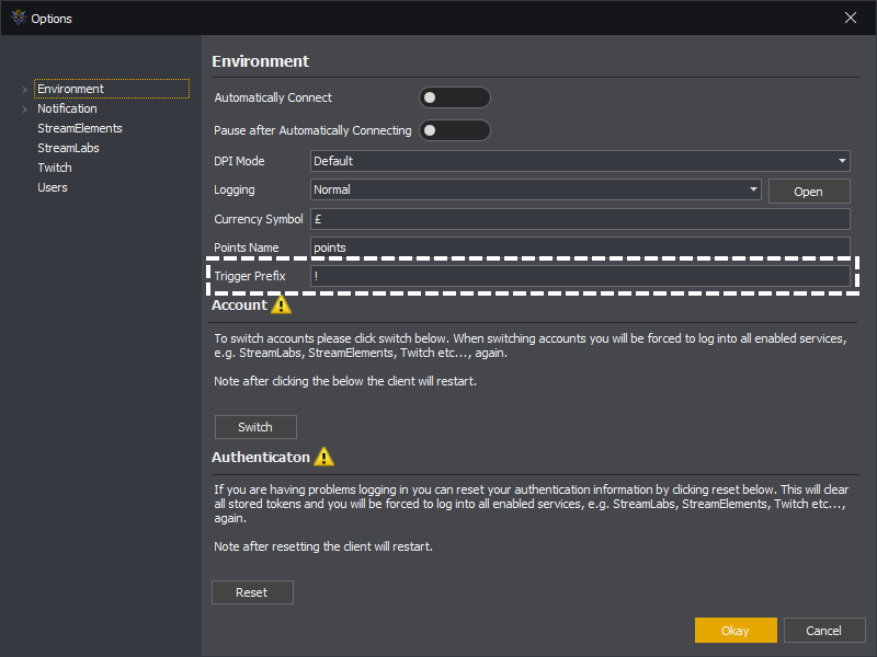 InstructBot options showing how to set the trigger prefix.