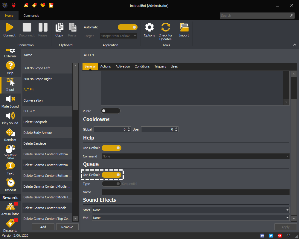 InstructBot showing show to toggle using the default queue for the command type on a command.