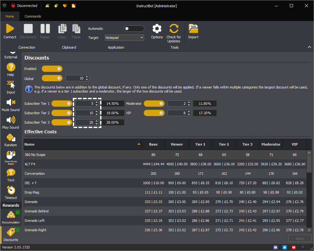 InstructBot rewards screen showing an example of the subscriber discount amounts.