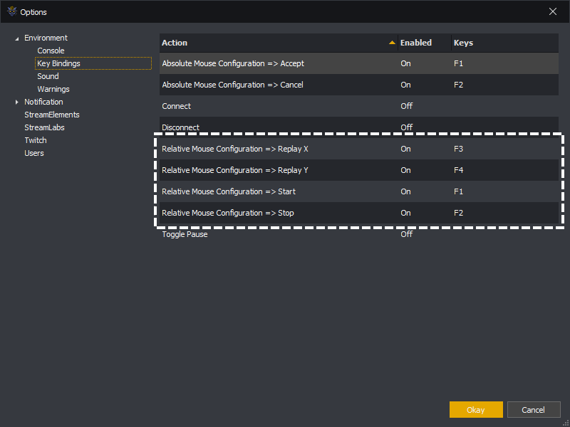 InstructBot options showing the relative mouse configuration key bindings.