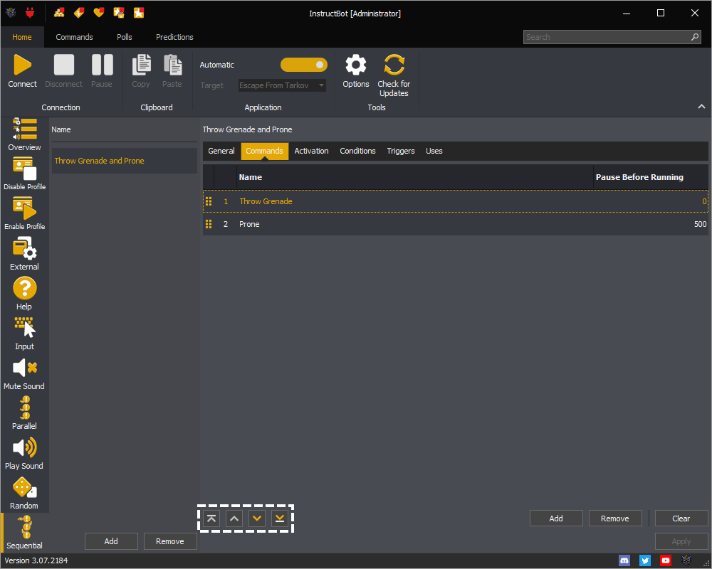 InstructBot showing how to re-order a command using the order buttons in a sequential command.