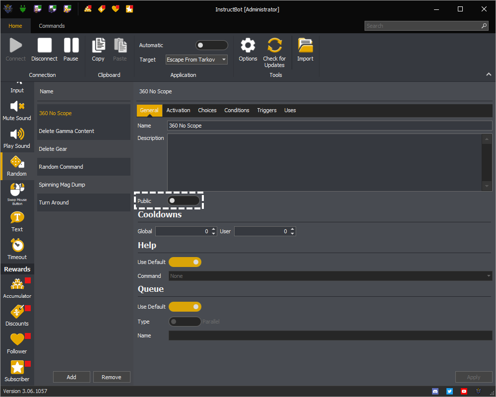 InstructBot showing the public toggle button of a command.