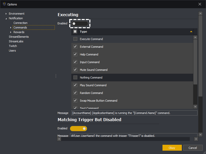 InstructBot options showing how to disable notification of executing commands.