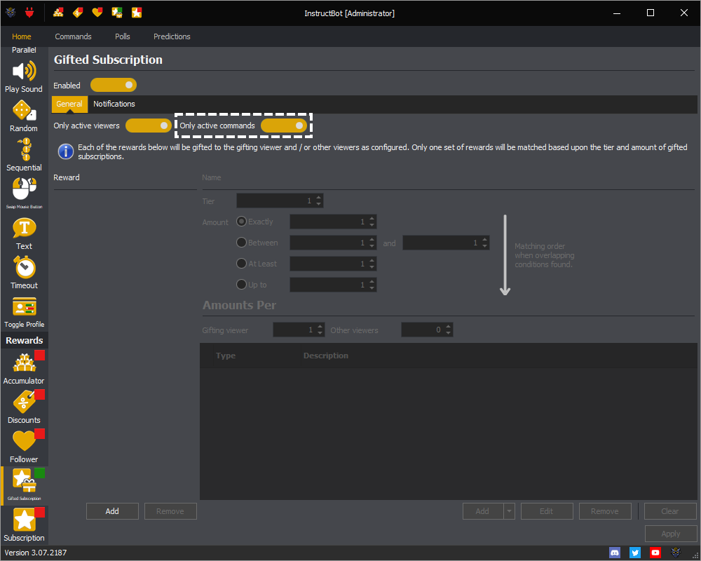 Example showing the only active commands setting for the gifted subscription reward in InstructBot.