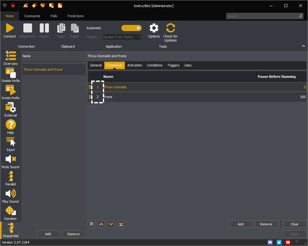 InstructBot showing the order of the added commands in the sequential command in InstructBot.