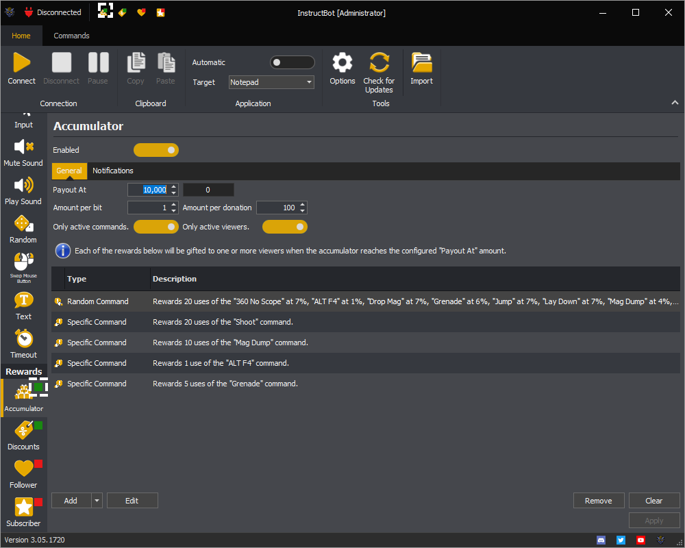 Show an example of the enabled indicator for the accumulator in InstructBot.