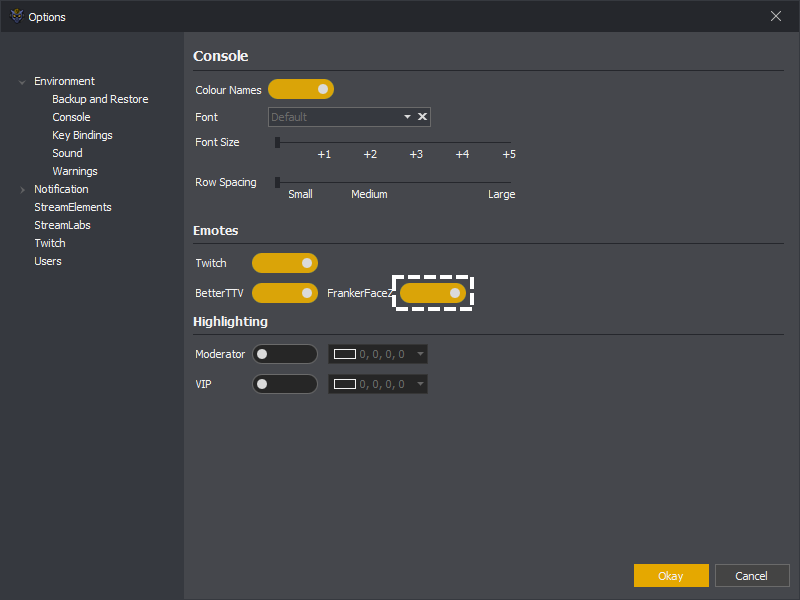 Showing the FrankerFaceZ emotes setting for the console in InstructBot.