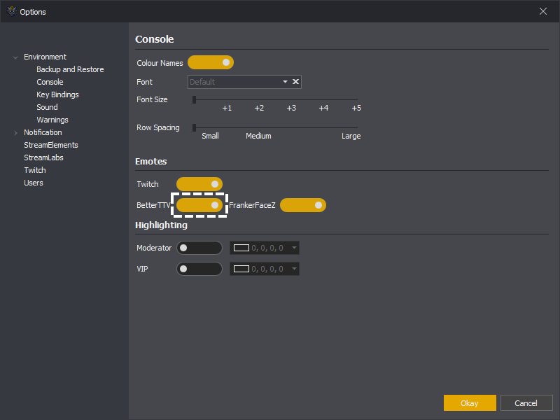 Showing the BetterTTV emotes setting for the console in InstructBot.