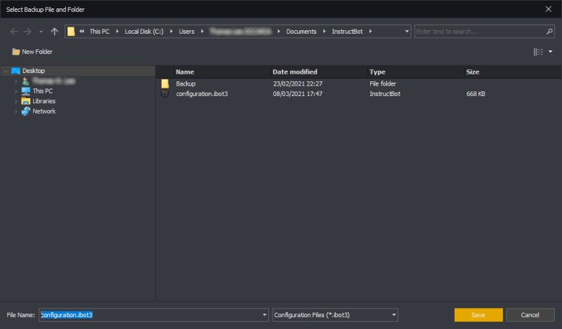 The save file dialog shown when saving a backup in  InstructBot.