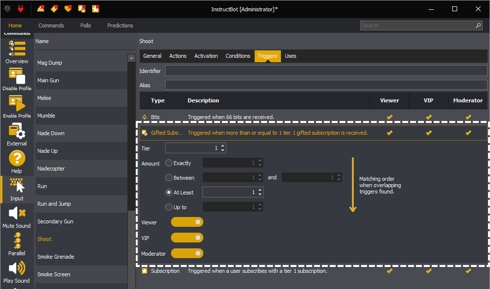 Showing the new Gifted Subscription trigger in InstructBot.