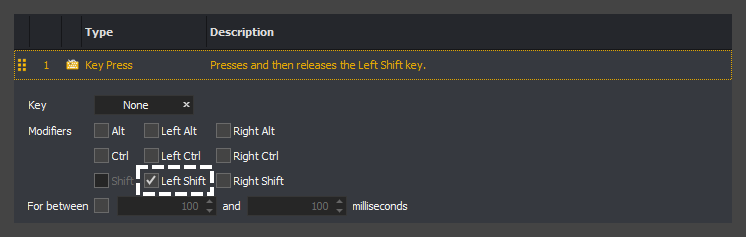 Showing an example of the left shift modifier selected within the editor of a key press action of an input command in InstructBot.